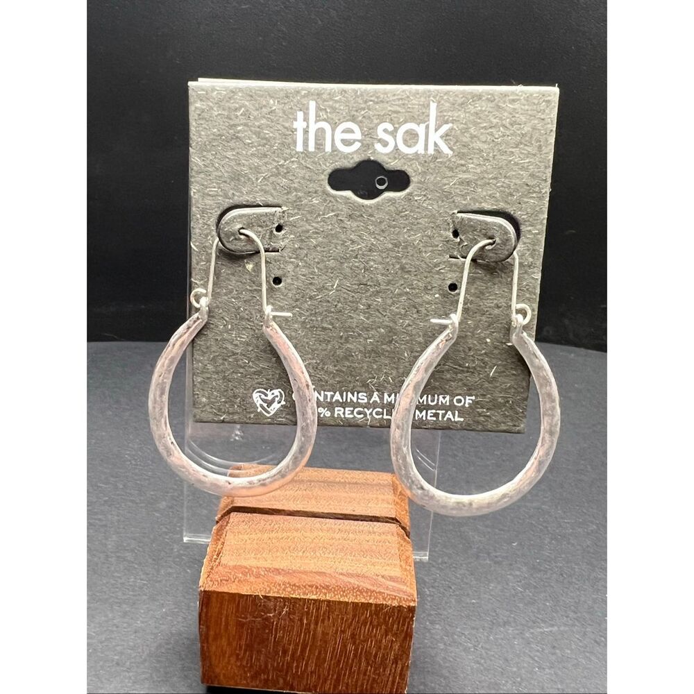 New! The Sak Silver Tone Hammered Teardrop U Hoop Earrings 25% Recycled Metal